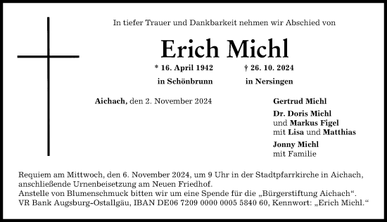 Traueranzeige von Erich Michl von Aichacher Nachrichten