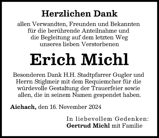 Traueranzeige von Erich Michl von Aichacher Nachrichten