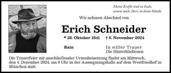 Traueranzeige von Erich Schneider von Neuburger Rundschau, Donauwörther Zeitung
