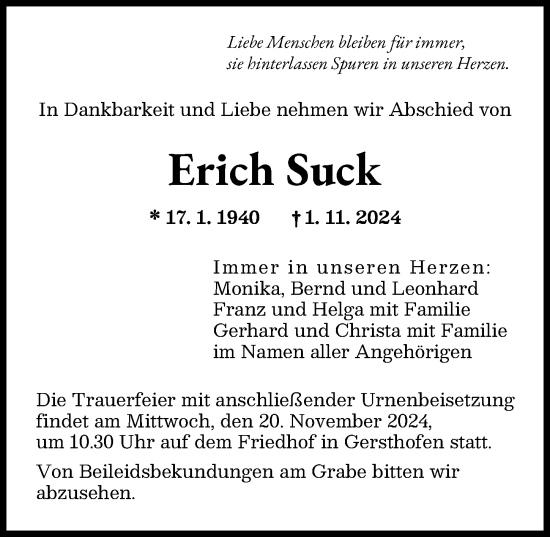 Traueranzeige von Erich Suck von Augsburger Allgemeine