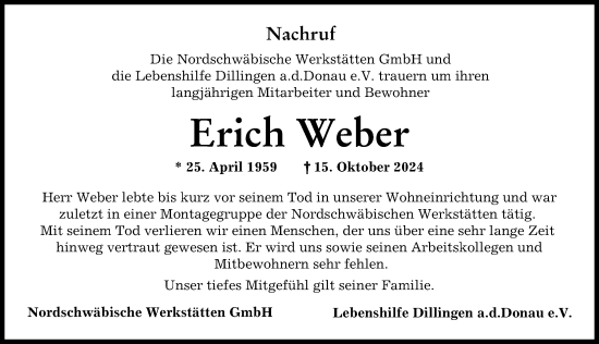 Traueranzeige von Erich Weber von Donau Zeitung