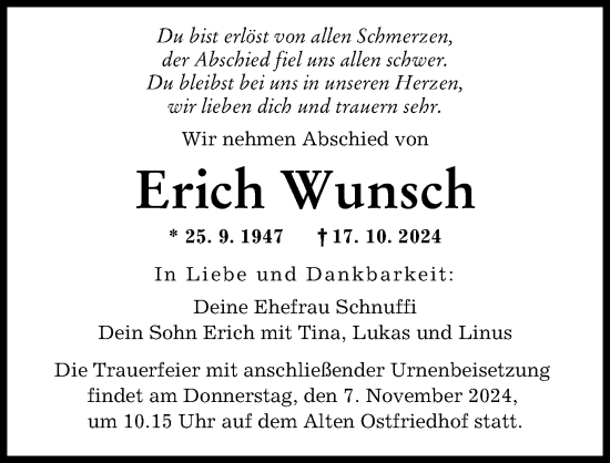 Traueranzeige von Erich Wunsch von Augsburger Allgemeine