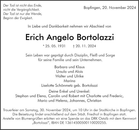 Traueranzeige von Erich Angelo Bortolazzi von Rieser Nachrichten