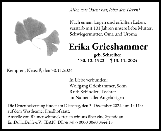Traueranzeige von Erika Grieshammer von Augsburger Allgemeine