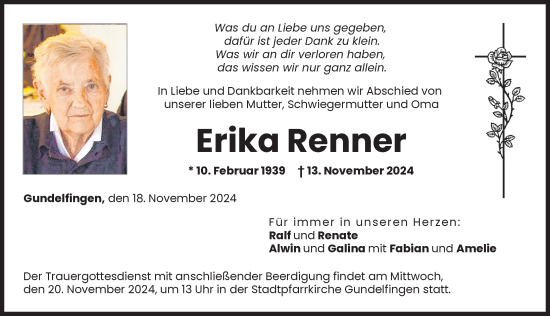 Traueranzeige von Erika Renner von Donau Zeitung