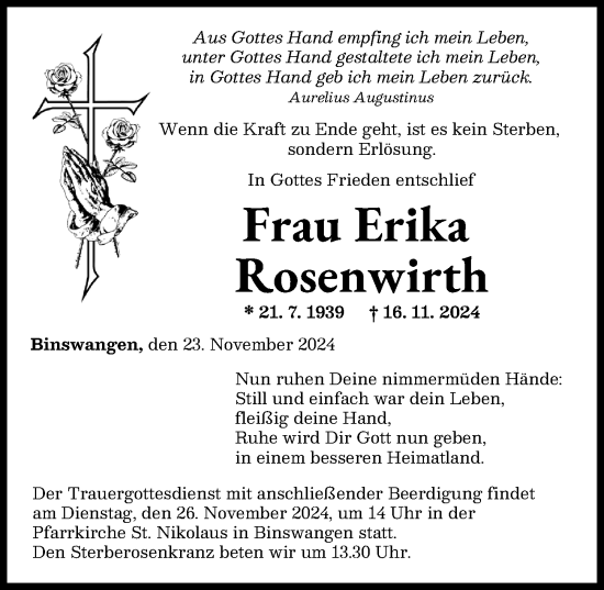 Traueranzeige von Erika Rosenwirth von Wertinger Zeitung