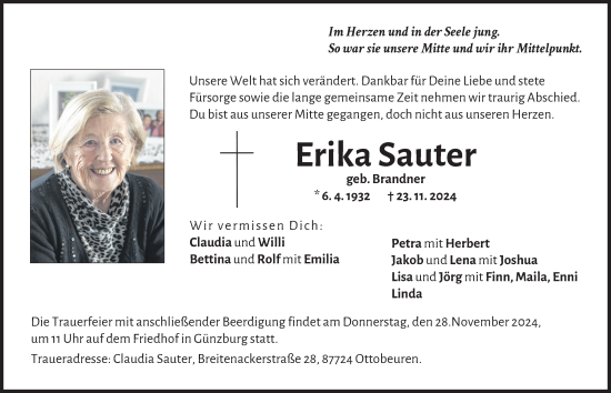 Traueranzeige von Erika Sauter von Günzburger Zeitung
