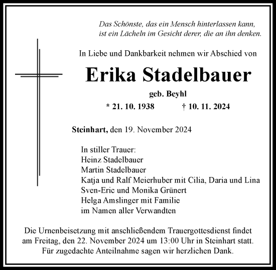 Traueranzeige von Erika Stadelbauer von Rieser Nachrichten