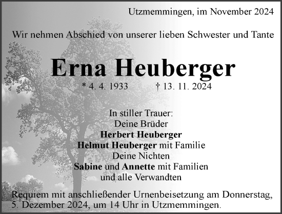 Traueranzeige von Erna Heuberger von Rieser Nachrichten