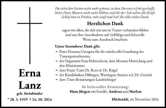 Traueranzeige von Erna Lanz von Donau Zeitung