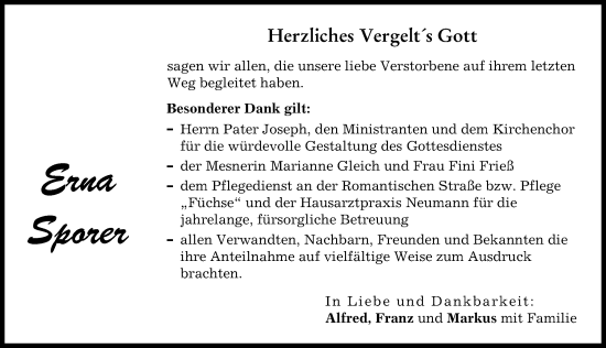 Traueranzeige von Erna Sporer von Landsberger Tagblatt