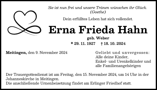 Traueranzeige von Erna Frieda Hahn von Augsburg-Land