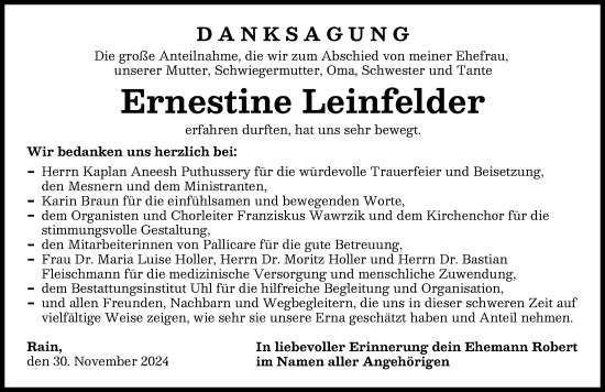 Traueranzeige von Ernestine Leinfelder von Donauwörther Zeitung