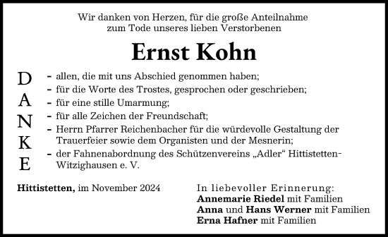 Traueranzeige von Ernst Kohn von Neu-Ulmer Zeitung
