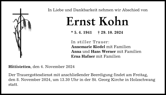 Traueranzeige von Ernst Kohn von Neu-Ulmer Zeitung