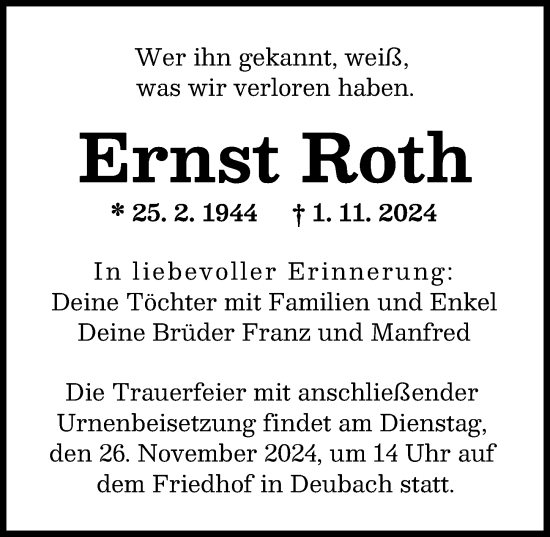 Traueranzeige von Ernst Roth von Augsburger Allgemeine
