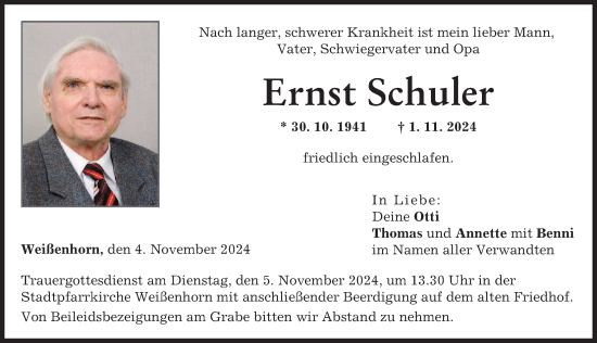 Traueranzeige von Ernst Schuler von Neu-Ulmer Zeitung