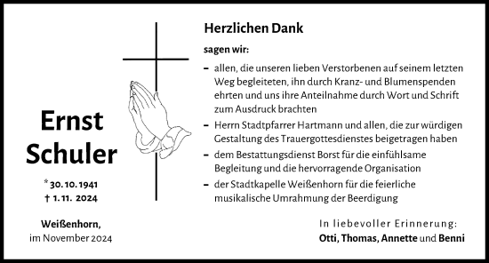 Traueranzeige von Ernst Schuler von Neu-Ulmer Zeitung