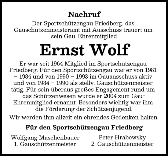 Traueranzeige von Ernst Wolf von Friedberger Allgemeine