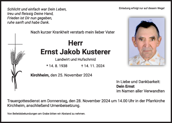 Traueranzeige von Ernst Jakob Kusterer von Mindelheimer Zeitung