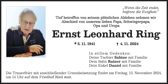 Traueranzeige von Ernst Leonhard Ring von Friedberger Allgemeine