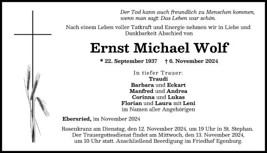 Traueranzeige von Ernst Michael Wolf von Friedberger Allgemeine, Aichacher Nachrichten