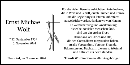 Traueranzeige von Ernst Michael Wolf von Friedberger Allgemeine, Aichacher Nachrichten