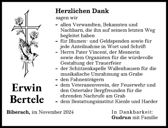 Traueranzeige von Erwin Bertele von Neu-Ulmer Zeitung