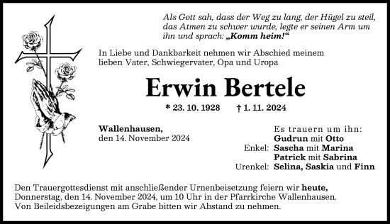 Traueranzeige von Erwin Bertele von Neu-Ulmer Zeitung