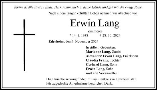 Traueranzeige von Erwin Lang von Rieser Nachrichten