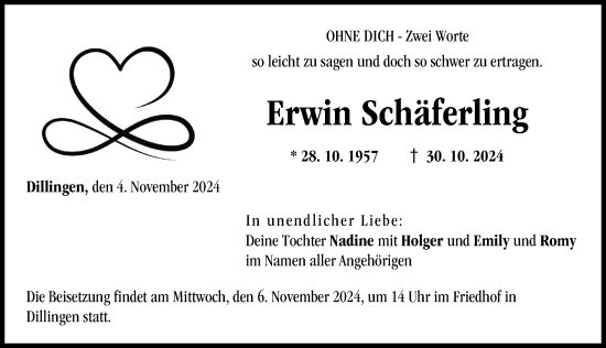 Traueranzeige von Erwin Schäferling von Donau Zeitung