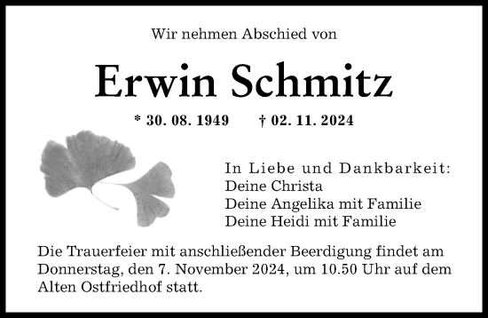 Traueranzeige von Erwin Schmitz von Augsburger Allgemeine
