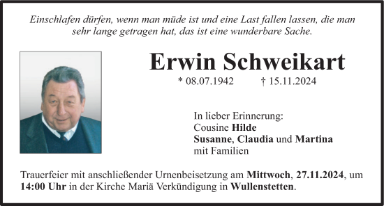 Traueranzeige von Erwin Schweikart von Neu-Ulmer Zeitung