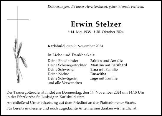 Traueranzeige von Erwin Stelzer von Neuburger Rundschau
