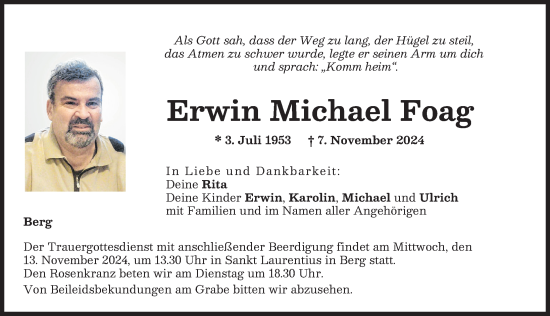 Traueranzeige von Erwin Michael Foag von Donauwörther Zeitung