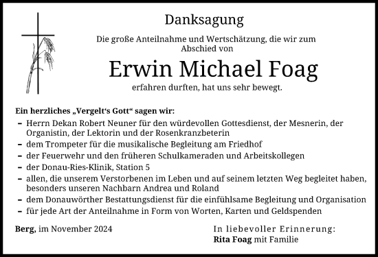 Traueranzeige von Erwin Michael Foag von Donauwörther Zeitung