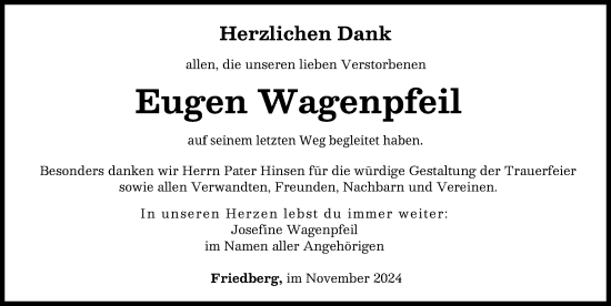Traueranzeige von Eugen Wagenpfeil von Friedberger Allgemeine