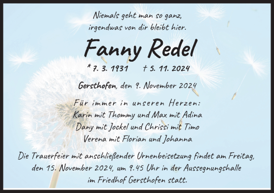 Traueranzeige von Fanny Redel von Augsburger Allgemeine