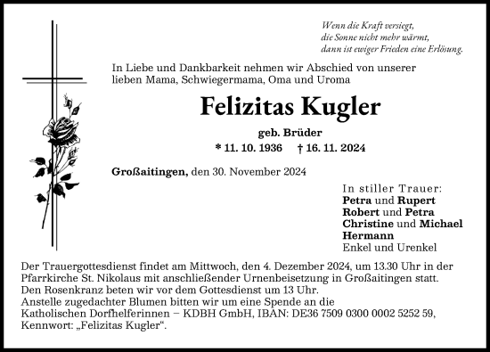 Traueranzeige von Felizitas Kugler von Schwabmünchner Allgemeine