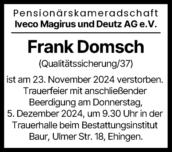Traueranzeige von Frank Domsch von Illertisser Zeitung, Günzburger Zeitung, Neu-Ulmer Zeitung