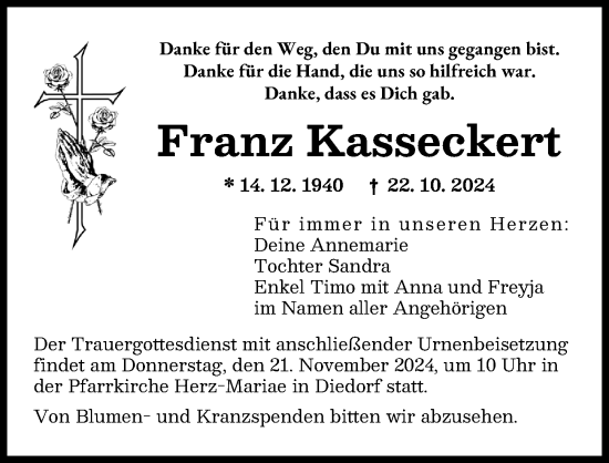 Traueranzeige von Franz Kasseckert von Augsburger Allgemeine