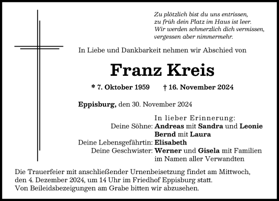 Traueranzeige von Franz Kreis von Donau Zeitung