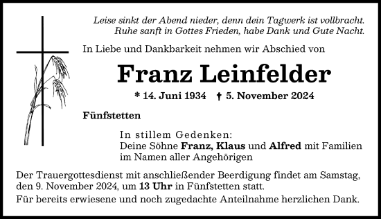 Traueranzeige von Franz Leinfelder von Donauwörther Zeitung