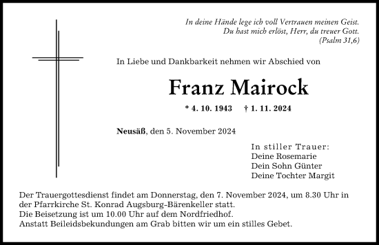 Traueranzeige von Franz Mairock von Augsburger Allgemeine