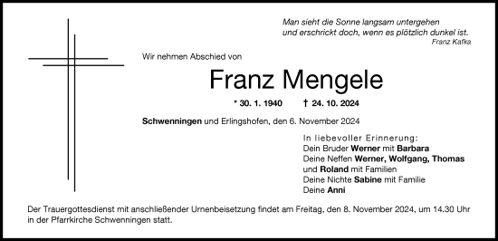 Traueranzeige von Franz Mengele von Donau Zeitung