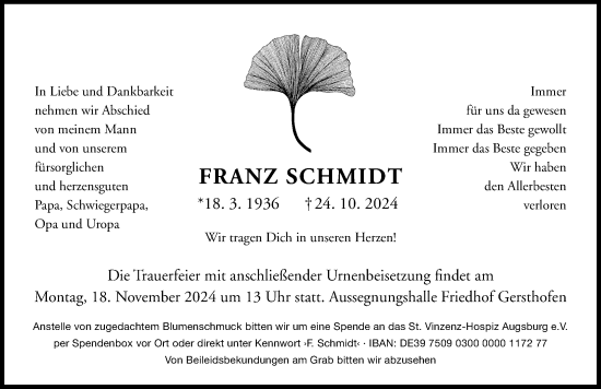 Traueranzeige von Franz Schmidt von Augsburger Allgemeine