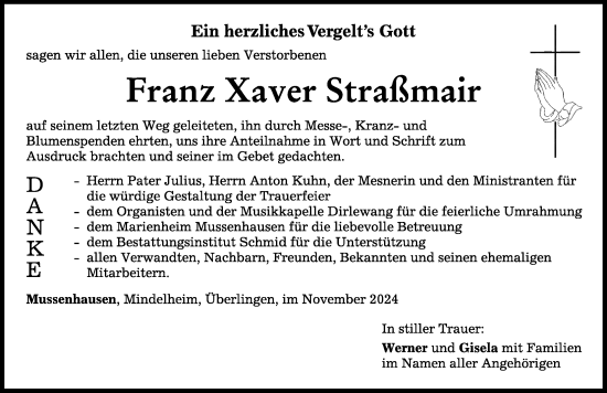 Traueranzeige von Franz Straßmair von Mindelheimer Zeitung
