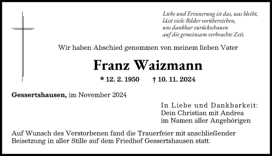 Traueranzeige von Franz Waizmann von Augsburger Allgemeine