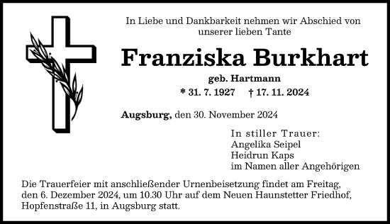 Traueranzeige von Franziska Burkhart von Augsburger Allgemeine