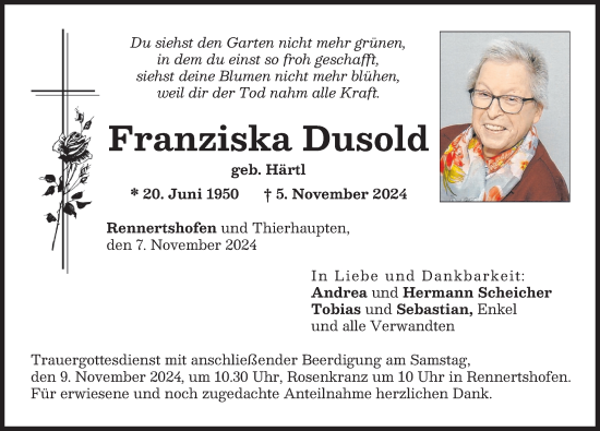 Traueranzeige von Franziska Dusold von Neuburger Rundschau